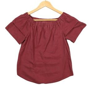 H M Off Shoulder Ruffle Sleeve Gathered Neck Top Burgundy Women's Size S